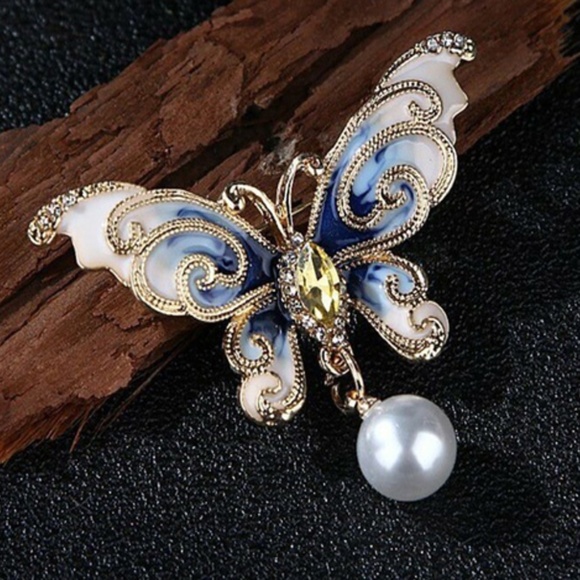 Blue Butterfly Brooch With Enamel, Crystals, Rhinestones, Faux Pearl - NWT - Picture 6 of 7